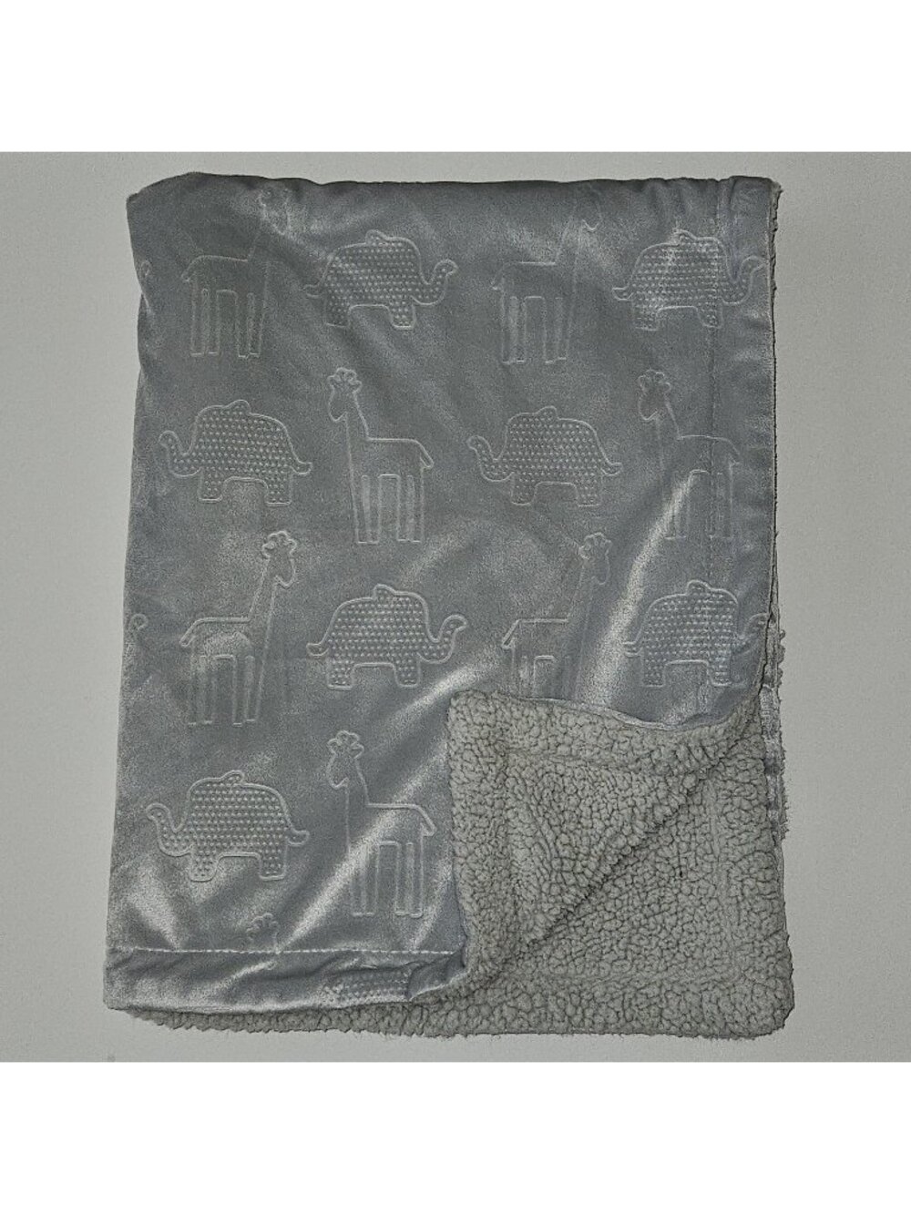 RN 119741 Solid Gray Baby Blanket Fleece Embossed Animal Safari Elephant Giraffe
